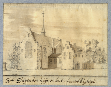 37628 Gezicht op de kapel en enkele aangrensende gebouwen van het Duitse Huis aan de Springweg te Utrecht uit het ...